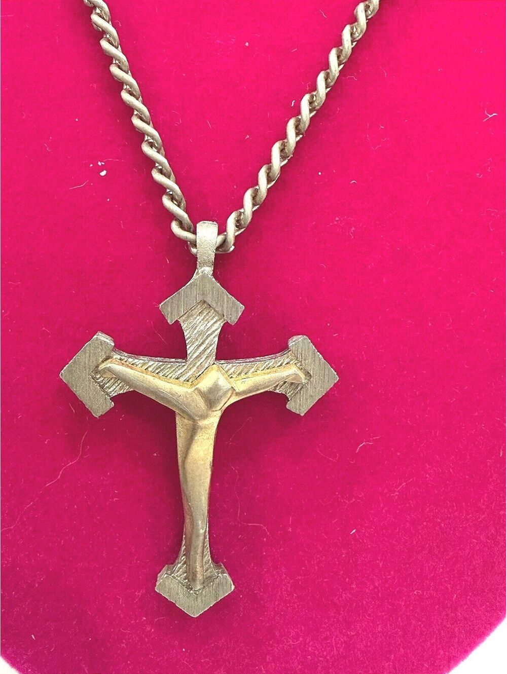 Vintage Crucifix Pendant Necklace 2 Toned Signed Tm 1981 Religious Cross Christ